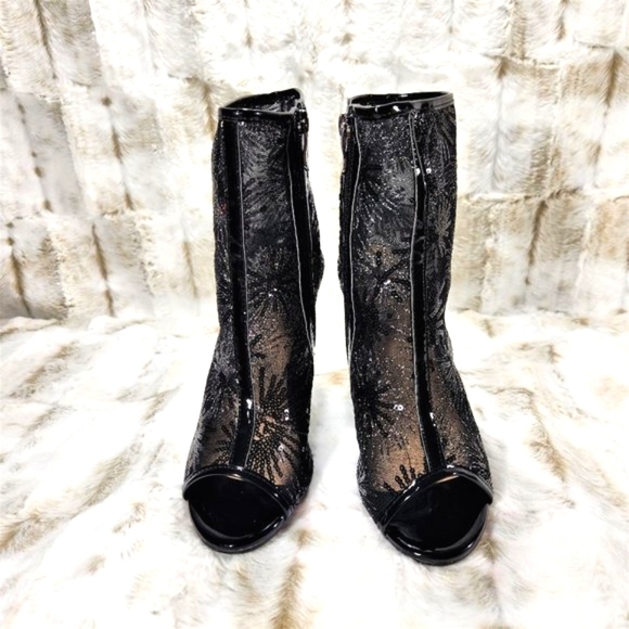 ☆ Mack J Black Mesh Starburst Sequin High Heel Ankle Boots - Picture 3 of 12
